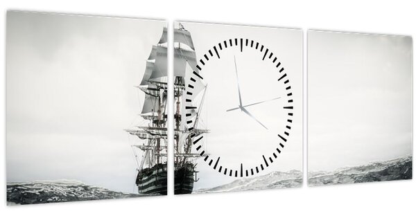 Obraz - Loď plávajúca po oceáne (s hodinami) (90x30 cm)