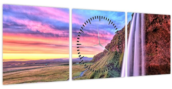 Obraz - Vodopád Seljalandsfoss (s hodinami) (90x30 cm)