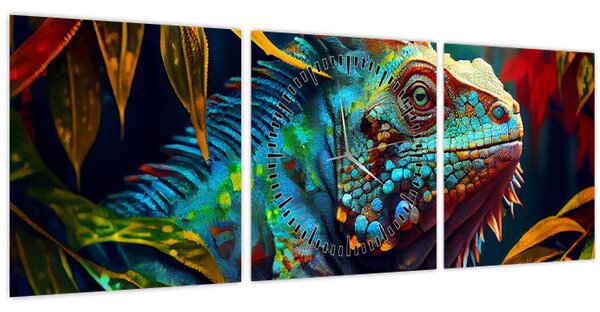 Obraz - Farebný leguán (s hodinami) (90x30 cm)