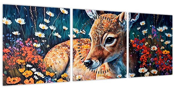 Obraz - Maľované srne (s hodinami) (90x30 cm)
