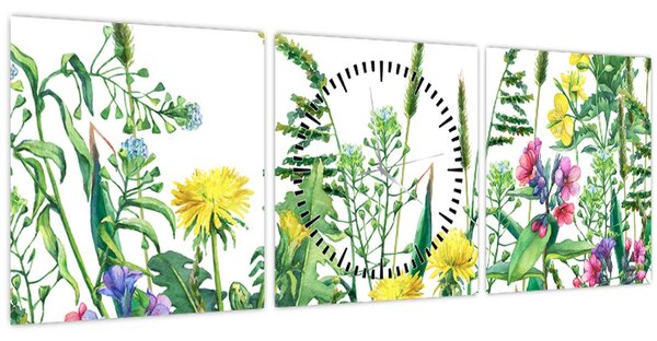 Obraz - Maľované lúčne kvety (s hodinami) (90x30 cm)