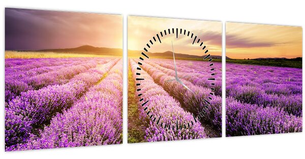 Obraz - Východ slnka v levanduľovom poli (s hodinami) (90x30 cm)