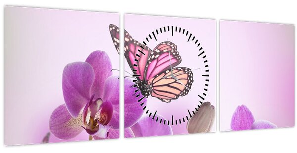 Obraz - Motýľ na kvetoch orchidey, lila (s hodinami) (90x30 cm)