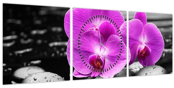 Obraz - Fialové orchidey (s hodinami) (90x30 cm)