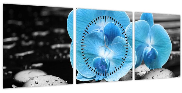 Obraz - Modrá orchidea (s hodinami) (90x30 cm)