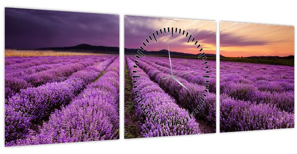 Obraz - Levanduľové pole pri západe slnka (s hodinami) (90x30 cm)
