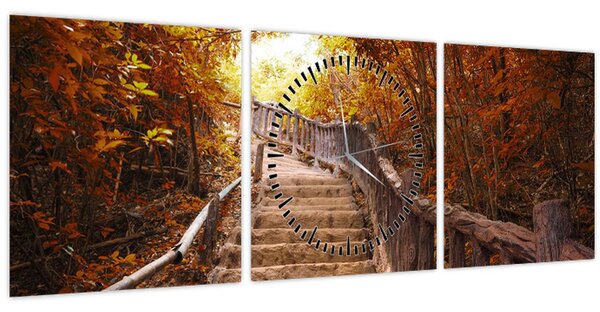 Obraz - Schody v prírode na jeseň (s hodinami) (90x30 cm)
