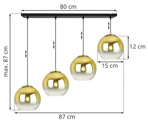 Závesné svietidlo Bergen Gold, 4x zlaté/transparentné sklenené tienidlo (fi 15cm)