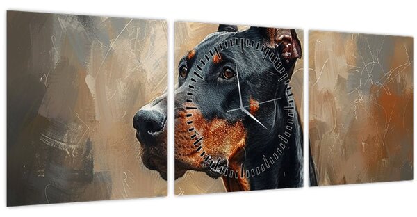 Obraz - Portrét Dobermana (s hodinami) (90x30 cm)