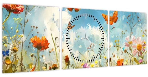 Obraz - Motýle na letnej lúke (s hodinami) (90x30 cm)