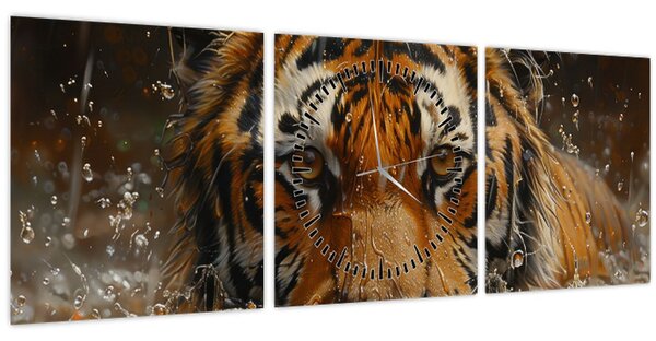 Obraz - Portrét tigra vo vode (s hodinami) (90x30 cm)