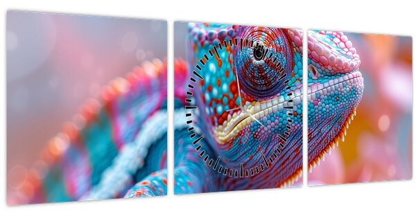 Obraz - Sfarbený chameleón (s hodinami) (90x30 cm)