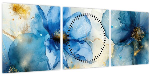 Obraz - Kvetinová, atramentová maľba (s hodinami) (90x30 cm)