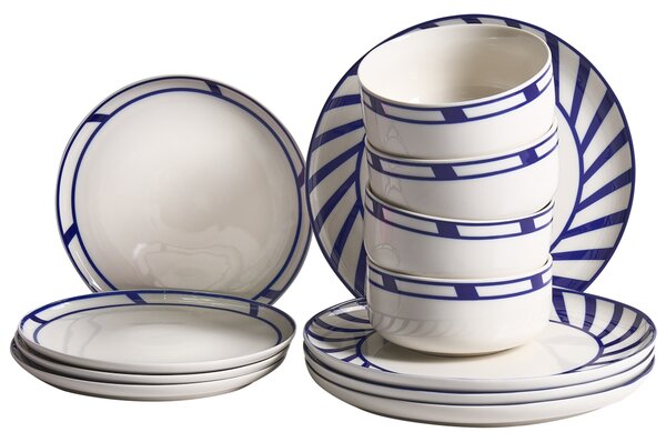 12-dielna súprava porcelánového jedálenského riadu biela s modrým okrajom glazúrovaná ručne vyrobená sada riadu jedáleň kuchyňa