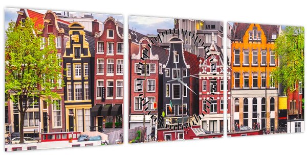 Obraz - Amsterdam, tanečné domy (s hodinami) (90x30 cm)