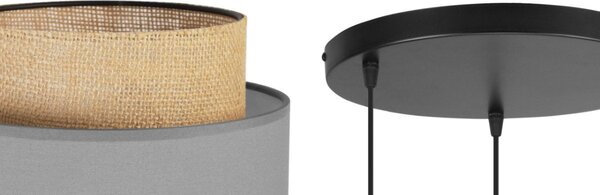 Závesné svietidlo Boho, 3x jutové/sivé textilné tienidlo, o