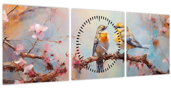 Obraz - Zamilovaní vtáčiky (s hodinami) (90x30 cm)