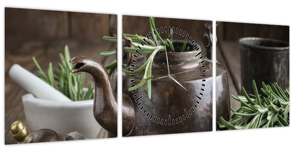 Obraz - Kanvička s rozmarínom (s hodinami) (90x30 cm)