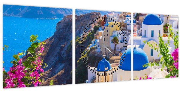 Obraz - Santorini, Grécko (s hodinami) (90x30 cm)