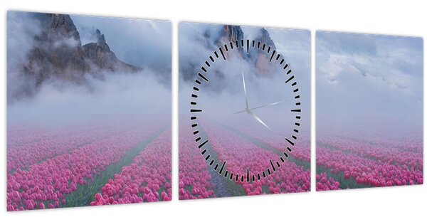 Obraz - Krajina s tulipánovými poľami (s hodinami) (90x30 cm)