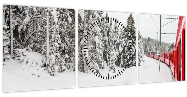 Obraz - Vlak v zasneženej krajine (s hodinami) (90x30 cm)