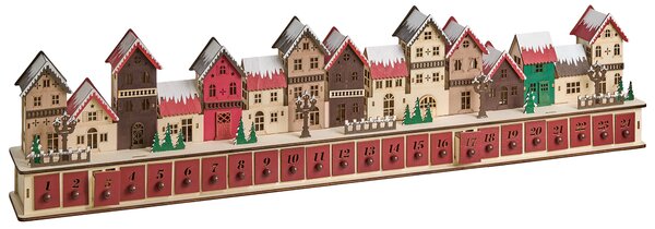 Vianočná LED dekorácia červená drevený adventný kalendár na baterky domčeky vianočná krajina