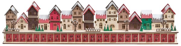 Vianočná LED dekorácia červená drevený adventný kalendár na baterky domčeky vianočná krajina