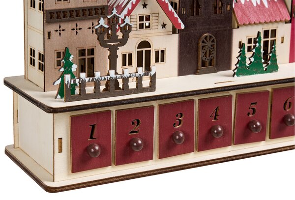 Vianočná LED dekorácia červená drevený adventný kalendár na baterky domčeky vianočná krajina