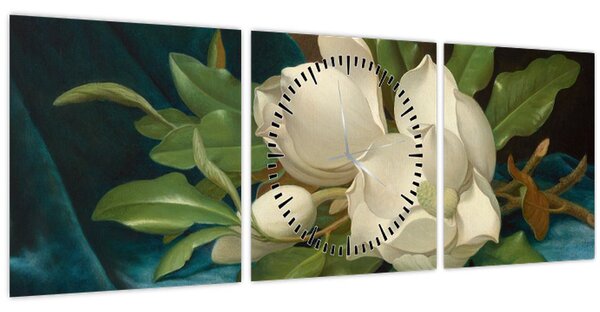 Obraz - Martin Johnson Heade, Giant Magnolias on a Blue Velvet Cloth, reprodukcia (s hodinami) (90x30 cm)