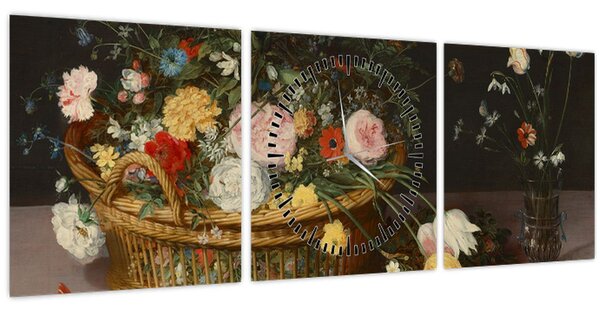 Obraz - Jan Brueghel the Elder, Flowers in a Basket and a Vase, reprodukcia (s hodinami) (90x30 cm)