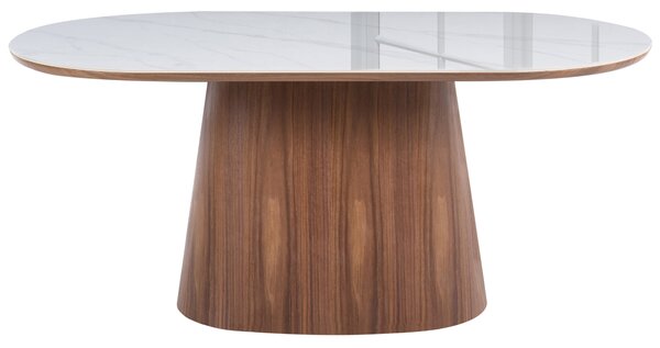 Jedálenský stôl biela vrchná doska tmavý jaseň MDF oválny tvar moderný minimalistický štýl kuchyňa jedáleň