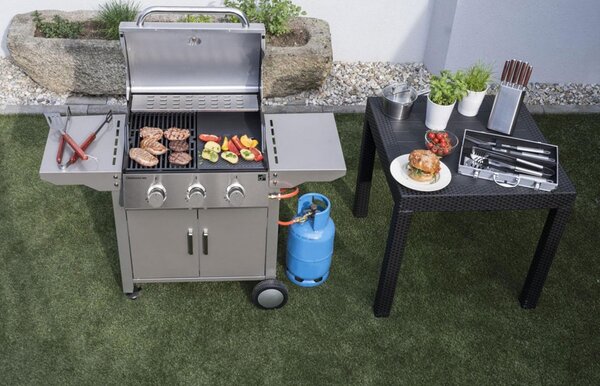 Plynový gril OKLAHOMA BBQ, 3 horáky, s redukčným ventilom, strieborná Penta CZ