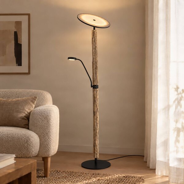 Lucande LED stojacia lampa Woodland, 180 cm, drevo, na citanie, Svetlé drevo, Obývacia izba / jedáleň, Drevo, Moderný, Zemné bodové svetlo