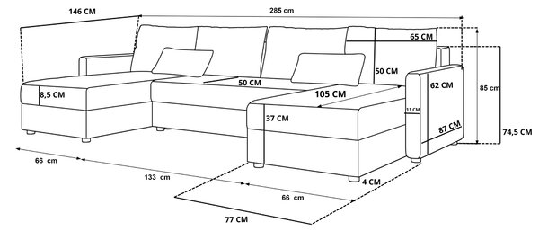 Rozkladacia sedacia súprava do U VENORIA 285x146 cm, púdrovo ružová + 2 vankúšiky ZDARMA