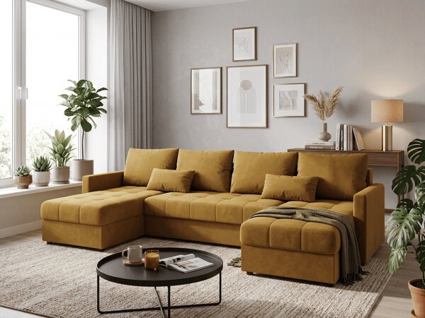 Rozkladacia sedacia súprava do U VENORIA 285x146 cm, horčicová + 2 vankúšiky ZDARMA