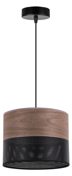 Závesné svietidlo Wood, 1x hnedá orechová dýha/čierne PVC tienidlo, (fi 20cm)