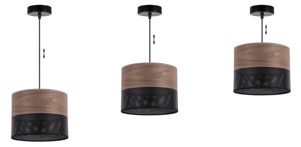 Závesné svietidlo Wood, 1x hnedá orechová dýha/čierne PVC tienidlo, (fi 20cm)