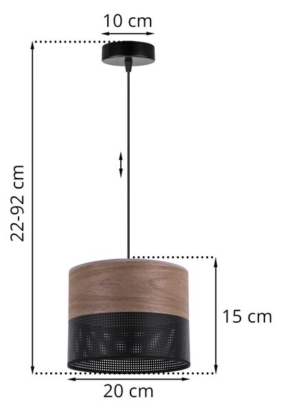 Závesné svietidlo Wood, 1x hnedá orechová dýha/čierne PVC tienidlo, (fi 20cm)