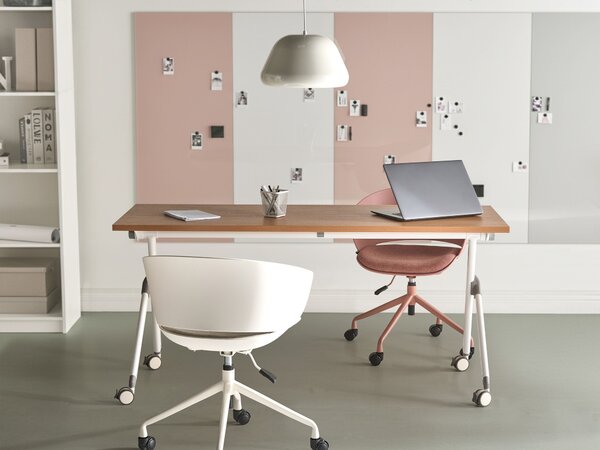 Skladací písací stôl hnedá MFC stolová doska biely kovový rám 160 x 60 cm prenosný stolík s kolieskami moderná kancelária