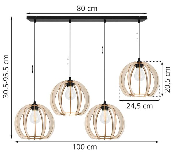 Závesné svietidlo Timber 9, 4x drevené tienidlo