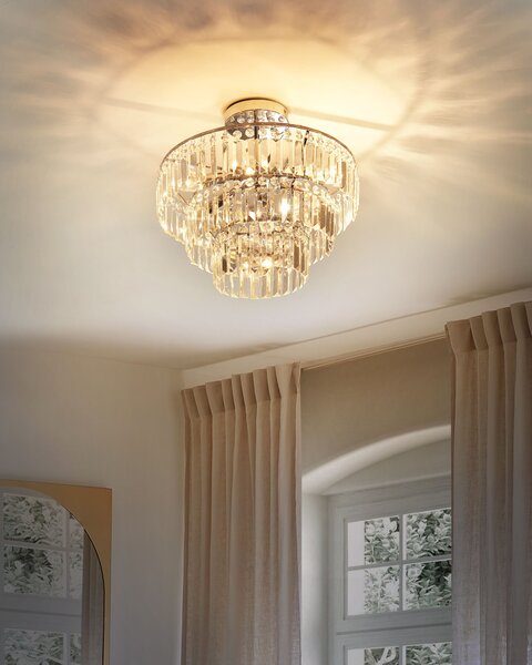 Luster strieborný kovový chrómový povrch závesná lampa sklenený krištáľový glamour štýl obývacia izba