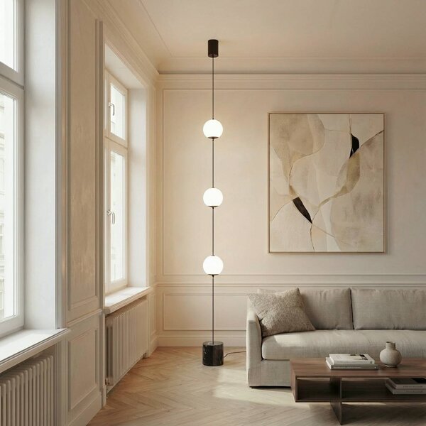 Lucande LED stojacia lampa Darrow, čierne/opálové, sklo, stmievateľné, Biela / opálová, Obývacia izba / jedáleň, Sklo, Moderný, Guľa