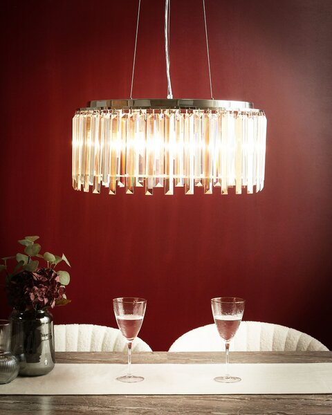 Luster strieborný železný chrómovaný povrch so sklenenými kryštálmi závesná lampa glamour štýl obývacia izba jedáleň