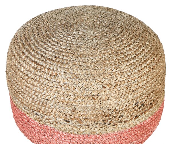 Jutová taburetka prírodná béžová a ružová okrúhla 50 x 35 cm výplň z polystyrénového granulátu boho bytové doplnky