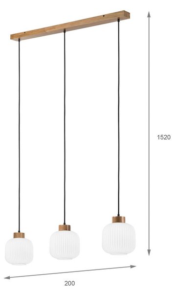 Závesné svietidlo Harmony, dĺžka 110 cm, opálové sklo dubové drevo 3 svetlá., Biela / opálová, Obývacia izba / jedáleň, Sklo, Škandinávsky, Závesné svietidlo