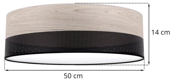 Stropné svietidlo Wood, 1x svetlobéžová dubová dýha/čierne PVC tienidlo, (biele plexisklo), (fi 50cm)