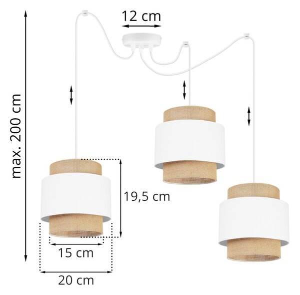 Závesné svietidlo Boho Spider, 3x jutové/biele textilné tienidlo