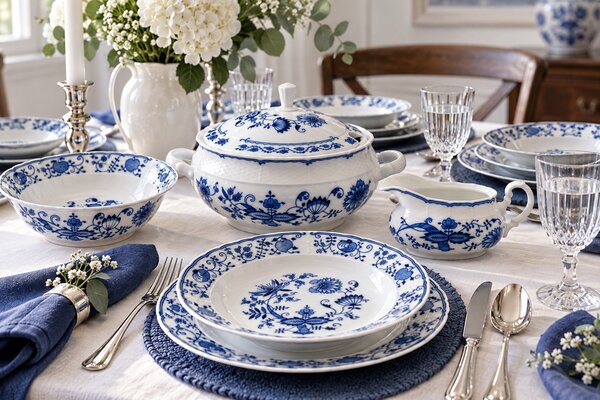 Cibulák porcelánová obedová súprava pre 6 osôb, 27-dielna (Tradičný český porcelán s ikonickým modrým dekorom pre nadčasové stolovanie)