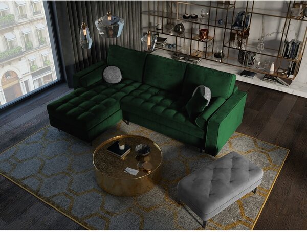 Zelená zamatová rozkladacia rohová pohovka Milo Casa Santo, ľavý roh