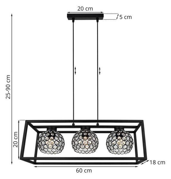 Závesné svietidlo Crystal Cage, 3x čierne krištáľové tienidlo v kovovom ráme